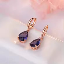 Pendientes Elegantes con Cristal Azul en Forma de Gota - Oro Rosa