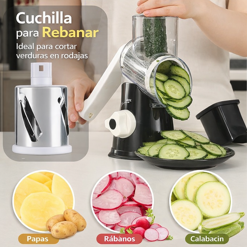 Rallador Rotatorio Manual Multifunción – Corta, Ralla y Lamina en Segundos